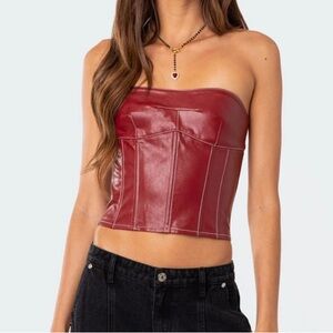 edikted Moss Faux Leather Lace Up Corset burgundy